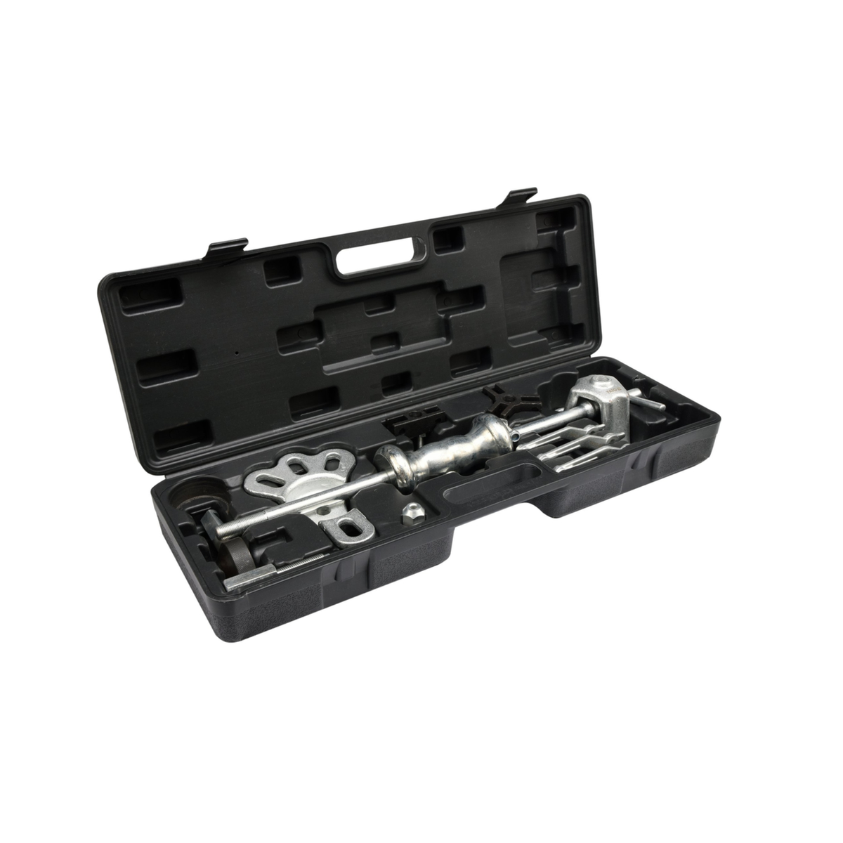 Metallic tool in a black plastic case on a white background