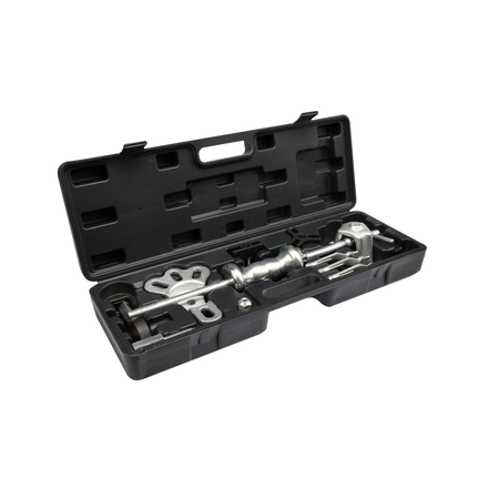 Metallic tool in a black plastic case on a white background