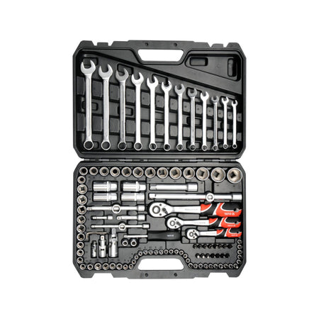 Tool kit with various wrenches and sockets in a black case on a white background