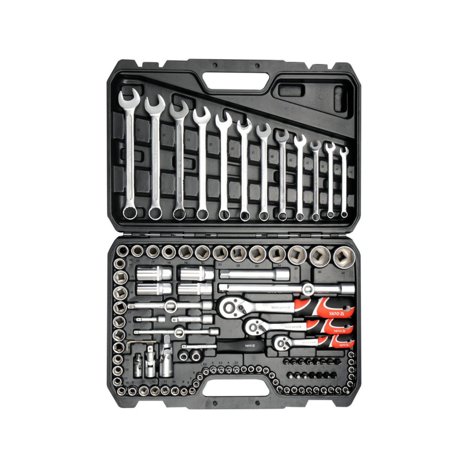 Tool kit with various wrenches and sockets in a black case on a white background
