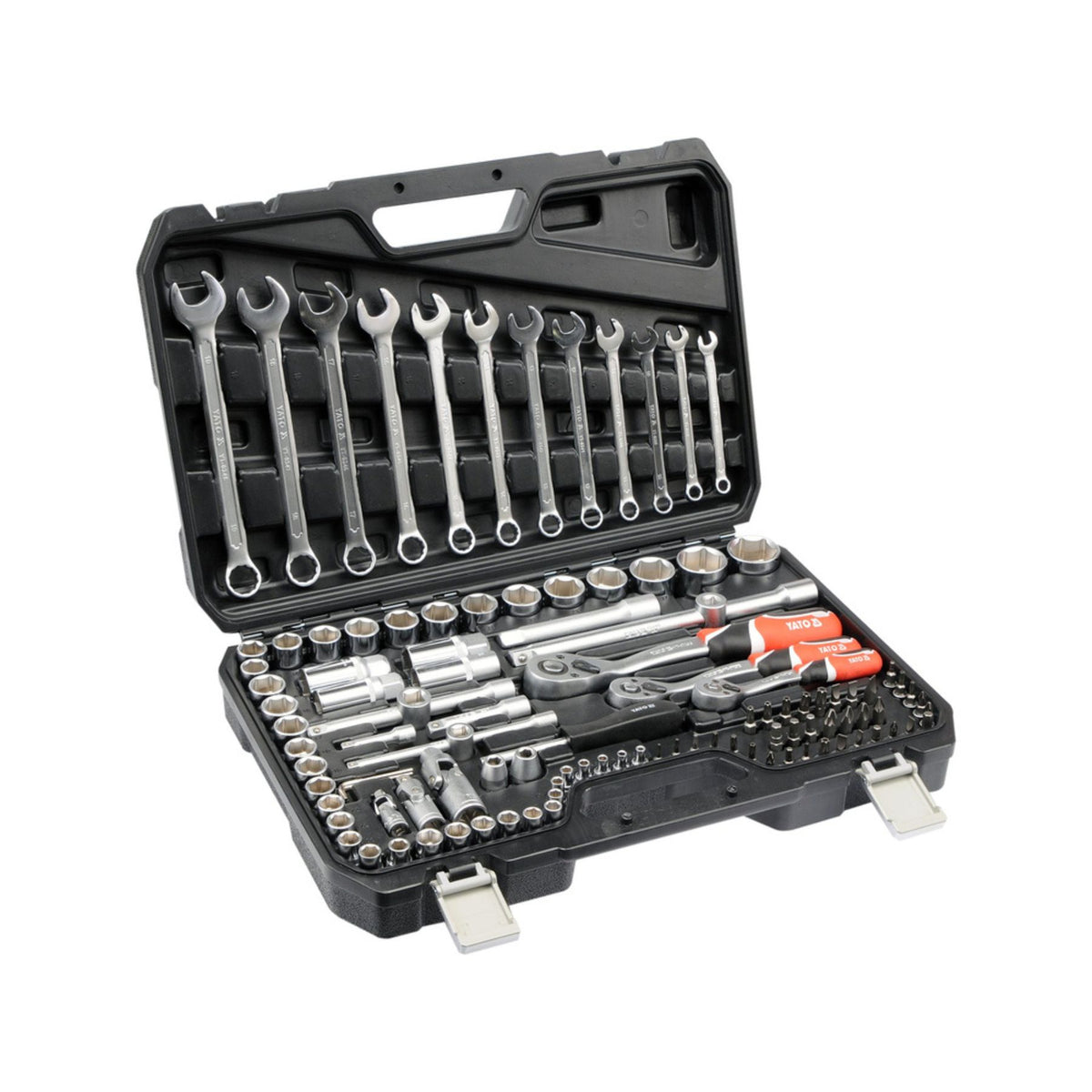 Mechanical tool set with various tools in a black case on a white background