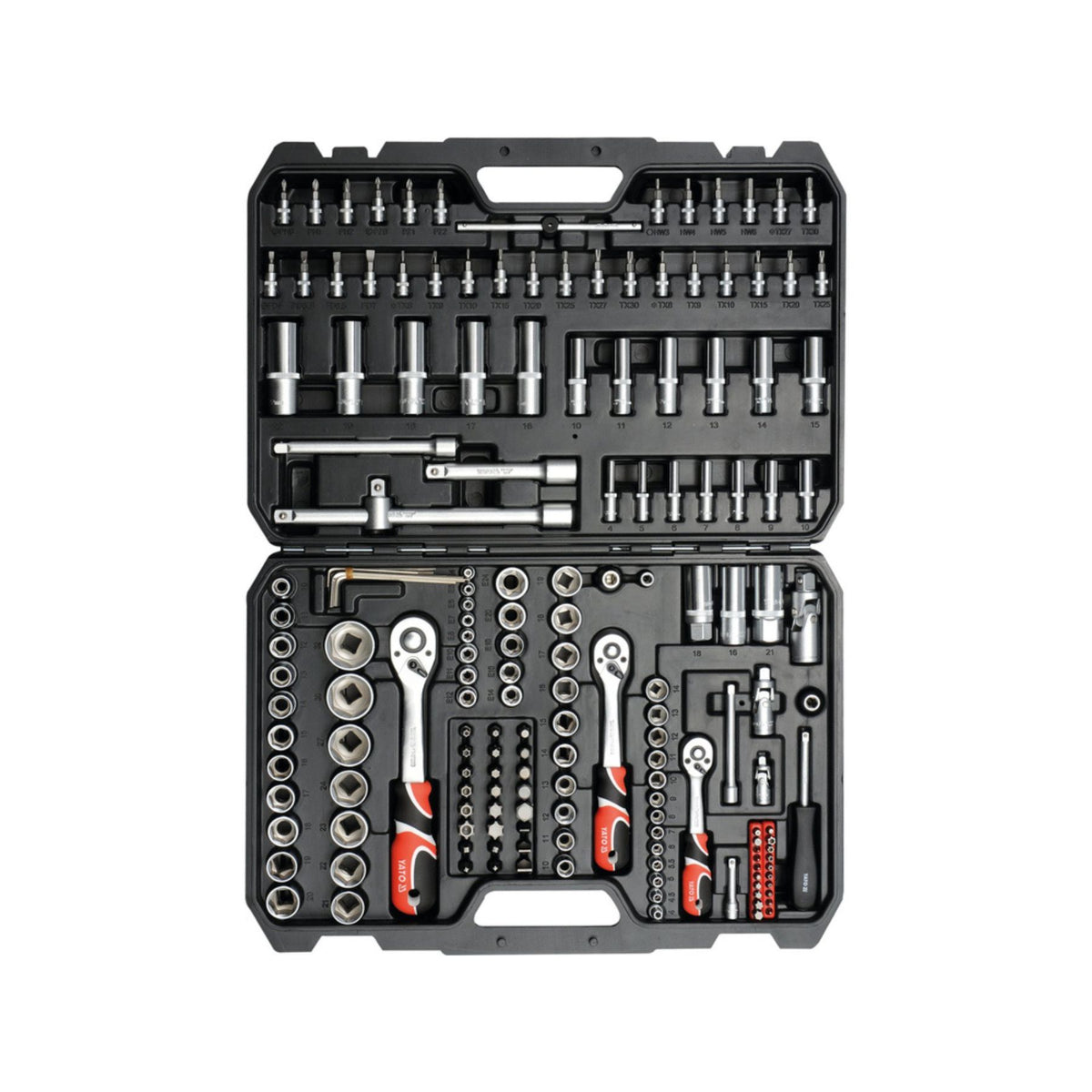 Open tool kit with various tools on a white background
