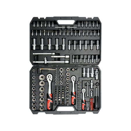 Open tool kit with various tools on a white background