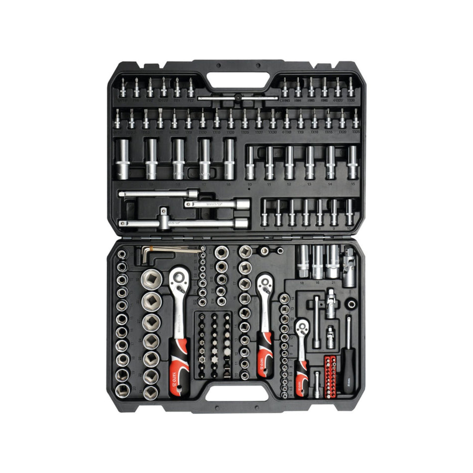 Open tool kit with various tools on a white background