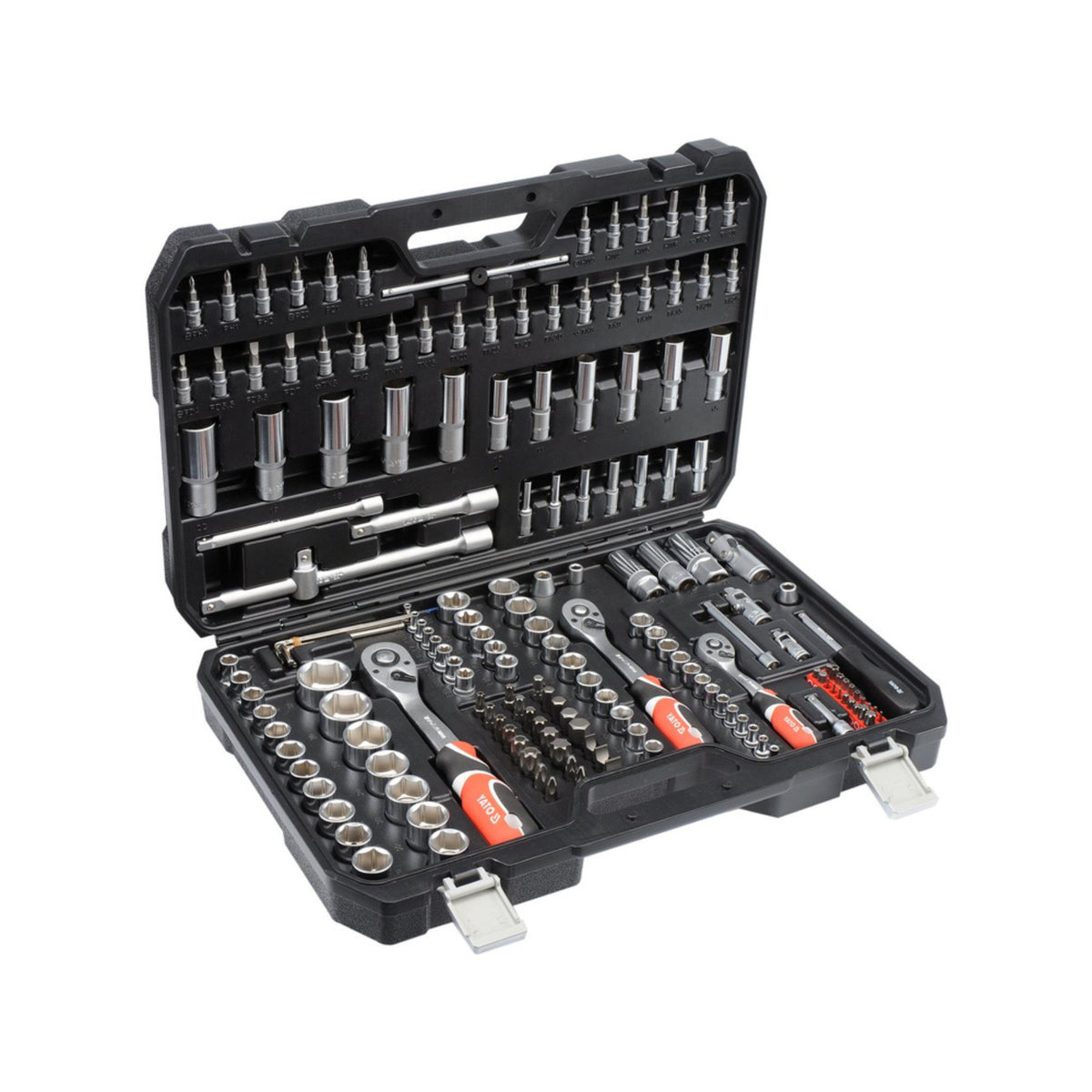 Open tool kit with various tools inside on a white background