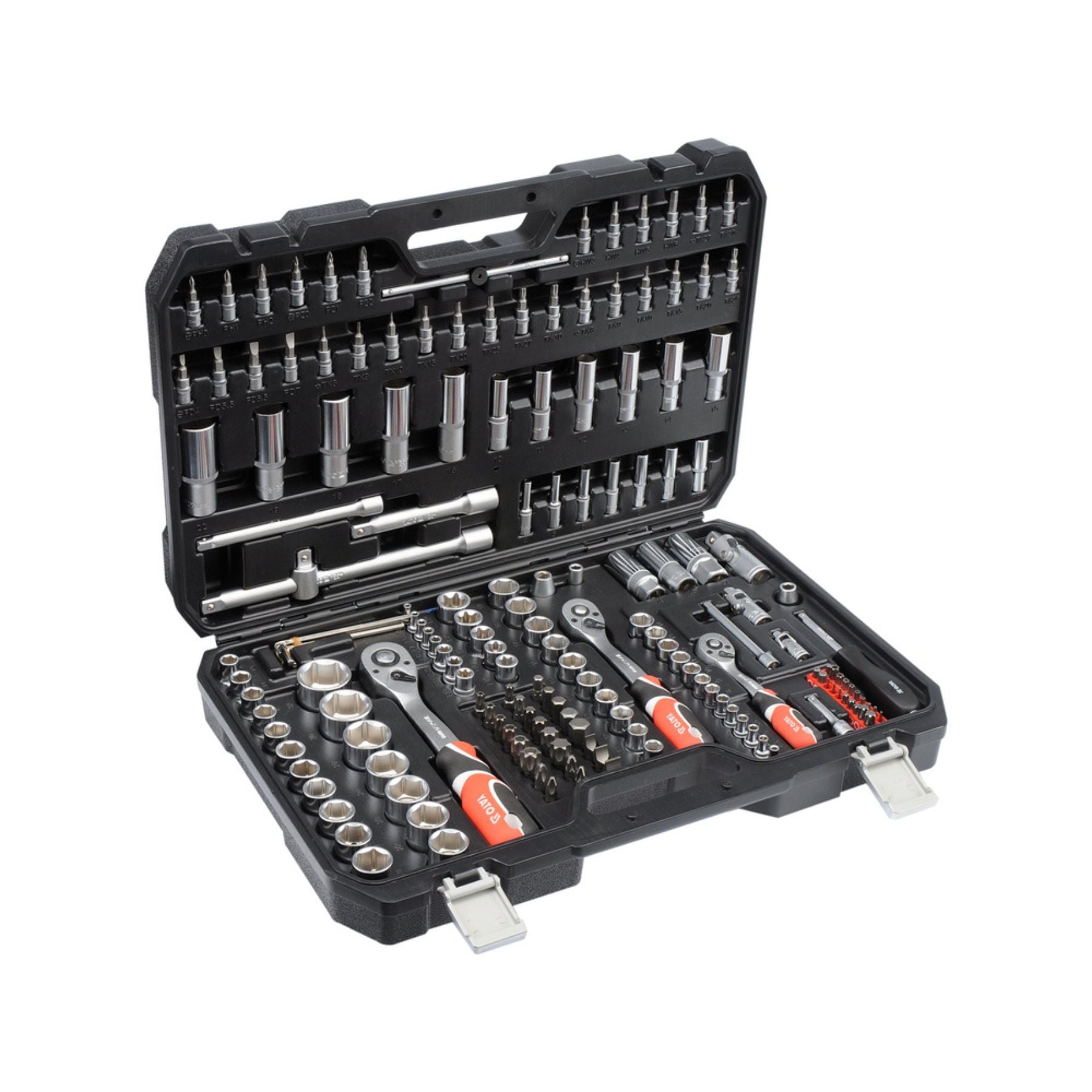 Open tool kit with various tools inside on a white background