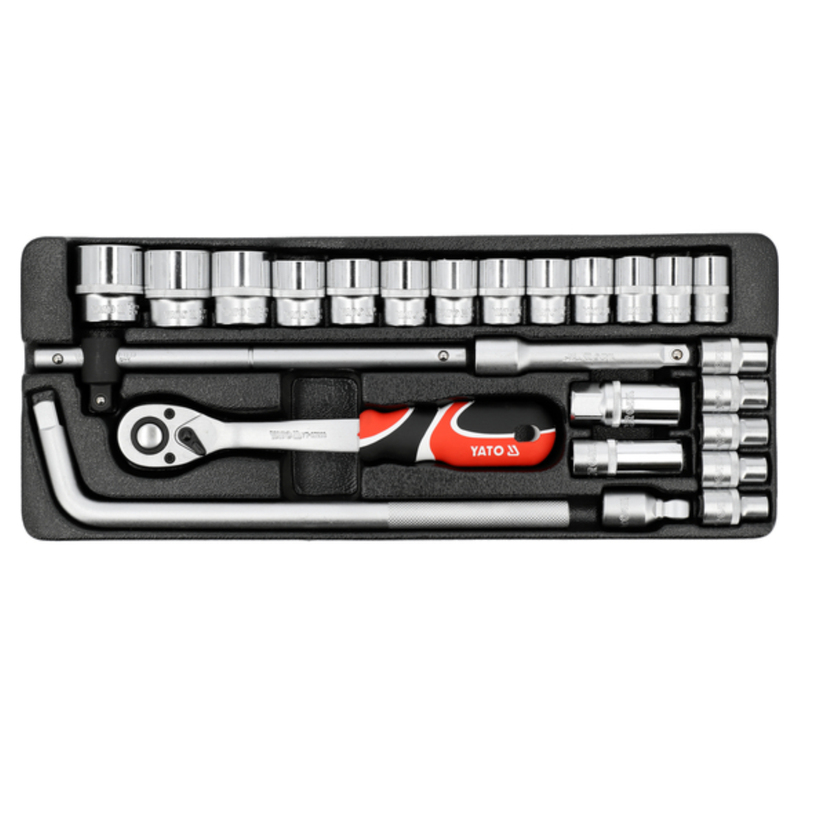 Tato 360 socket wrench set in a black plastic case, featuring a silver ratchet with a red and black handle, various silver sockets, and extension bars on a white background.
