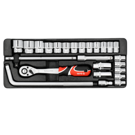 Tato 360 socket wrench set in a black plastic case, featuring a silver ratchet with a red and black handle, various silver sockets, and extension bars on a white background.