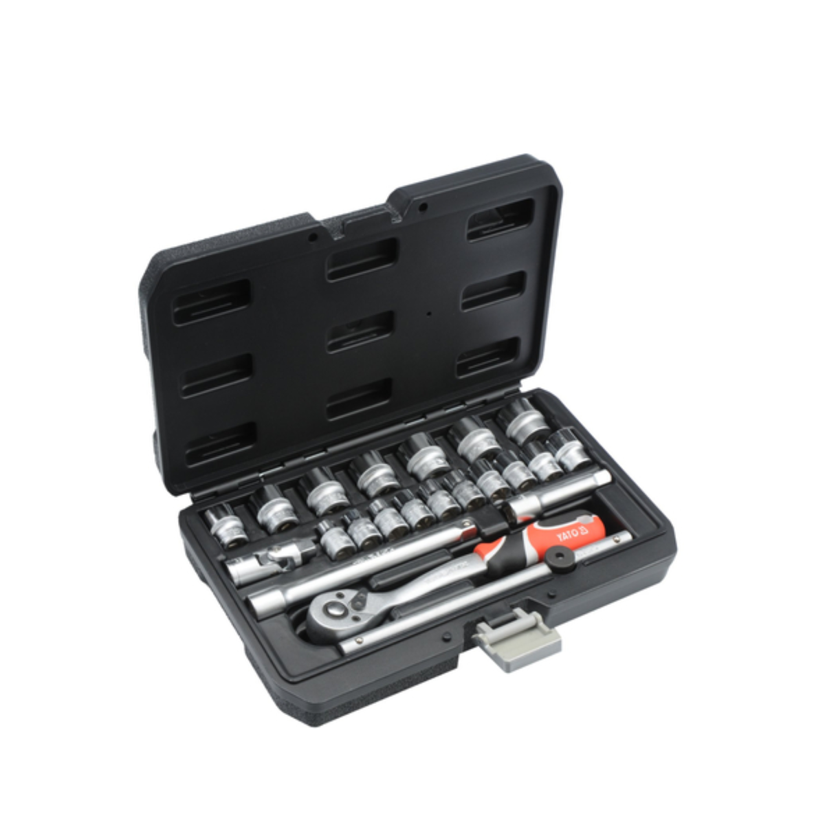 A socket wrench set in an open black plastic case, featuring silver metal sockets, a socket wrench, and a socket screwdriver with an orange handle, on a white background.