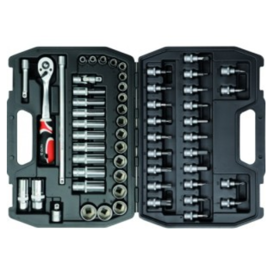 Open tool set with various sockets and tools in a black case on a white background