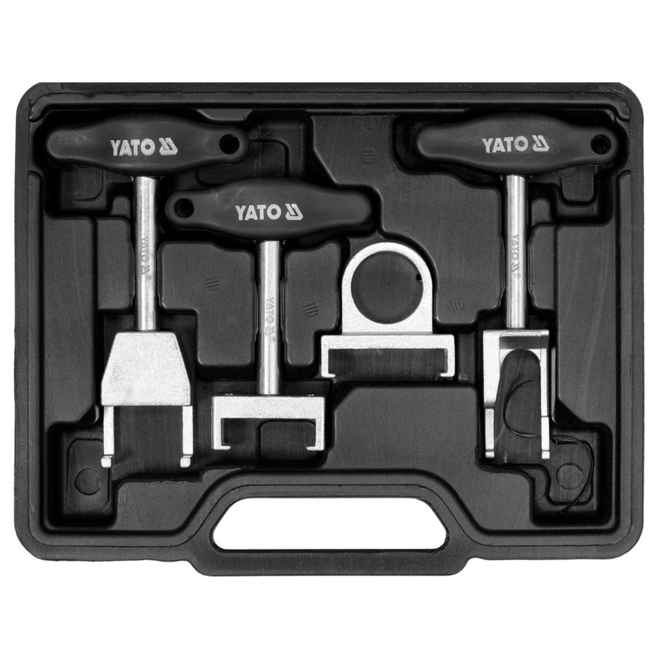 Set of YATO tools in a black plastic case on a white background