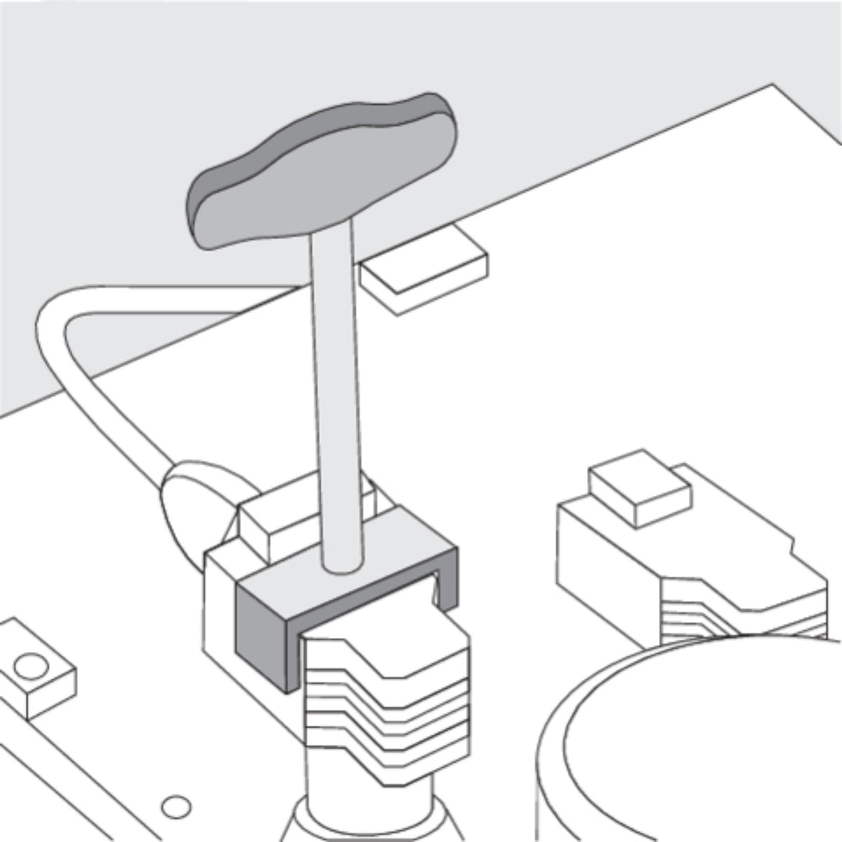 Technical drawing of a mechanical component with a lever and cylindrical parts on a light gray background.