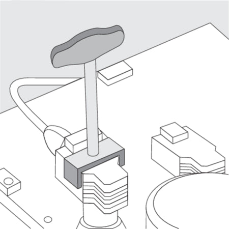 Technical drawing of a mechanical component with a lever and cylindrical parts on a light gray background.