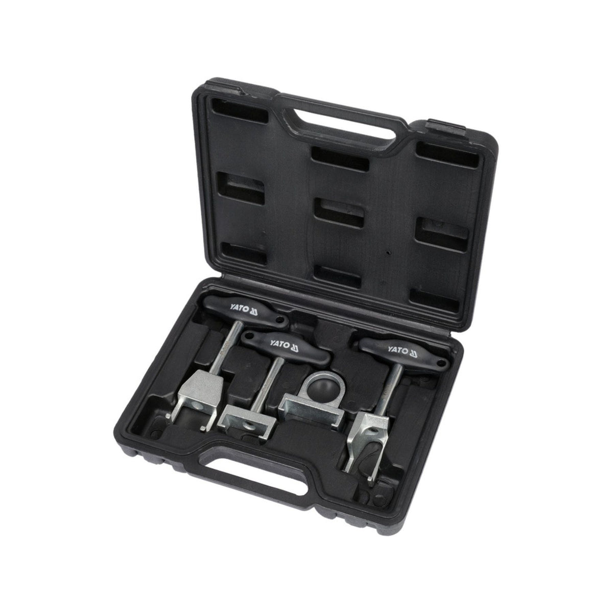 Black tool case with automotive tools on a white background