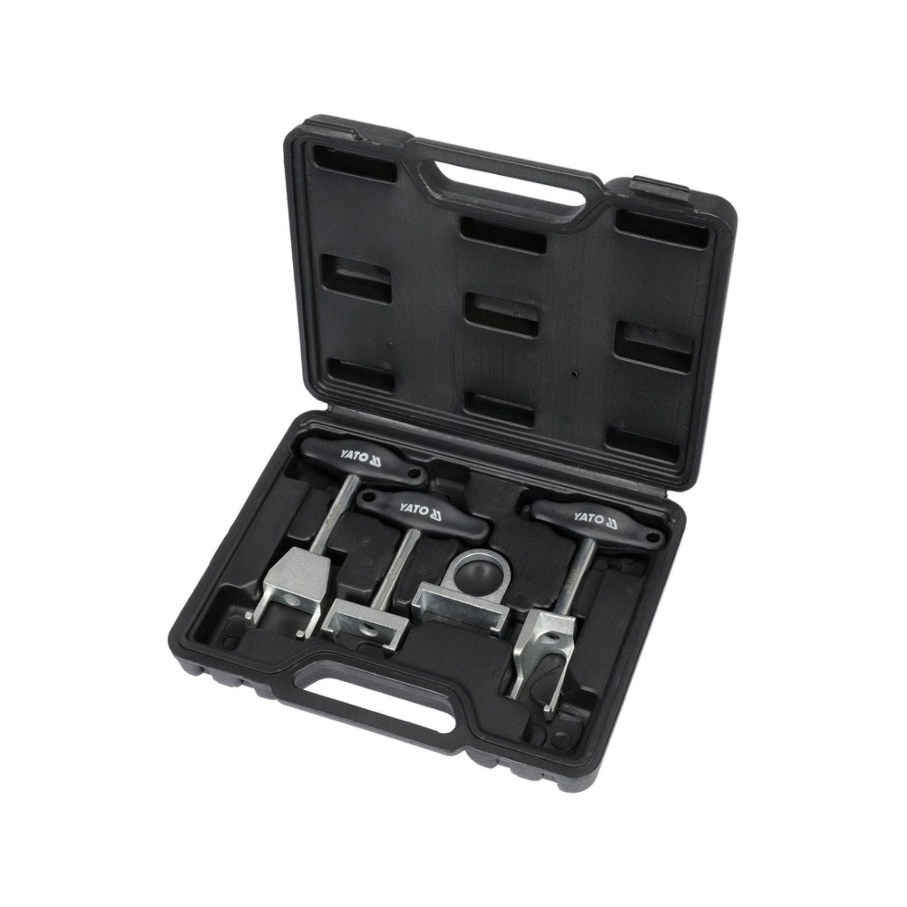 Black tool case with automotive tools on a white background