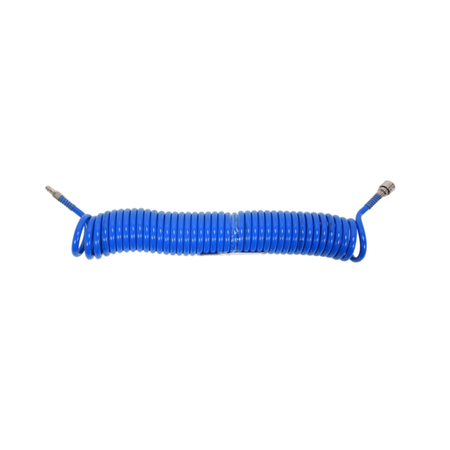 Coiled blue air hose on a white background
