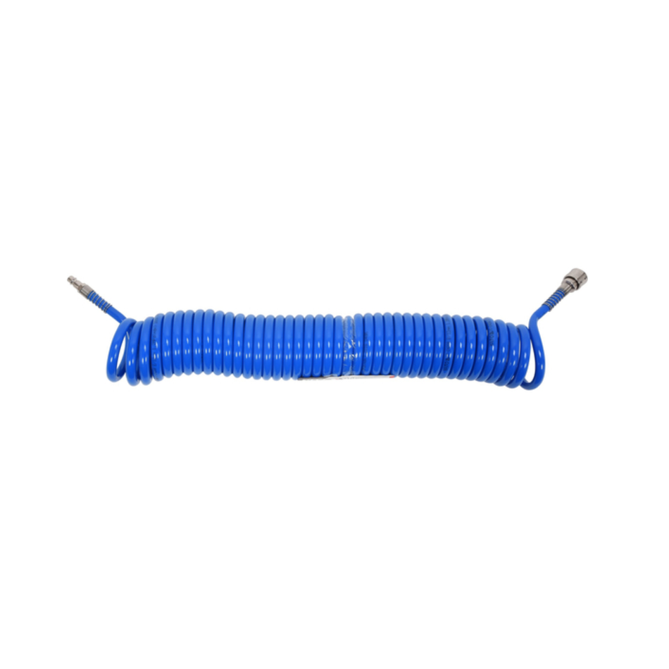Coiled blue air hose on a white background