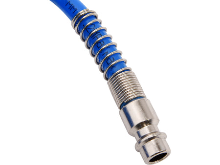 Blue flexible hose with fitting on a white background