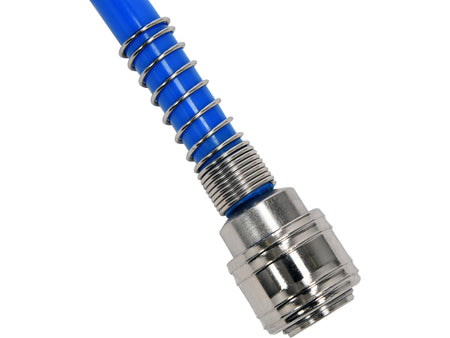 Blue hose connector with metal fitting on a white background