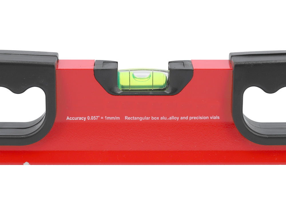 Red level tool with black handles on a white background