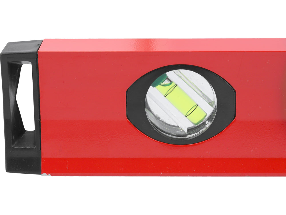 Red level tool with a black handle on a white background