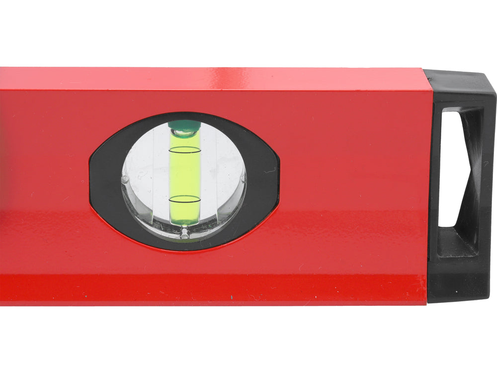 Red level tool with a black handle on a white background
