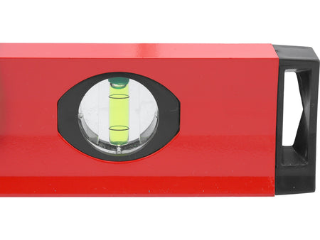 Red level tool with a black handle on a white background