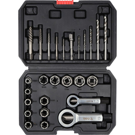 Open tool case with drill bits and wrenches on a white background