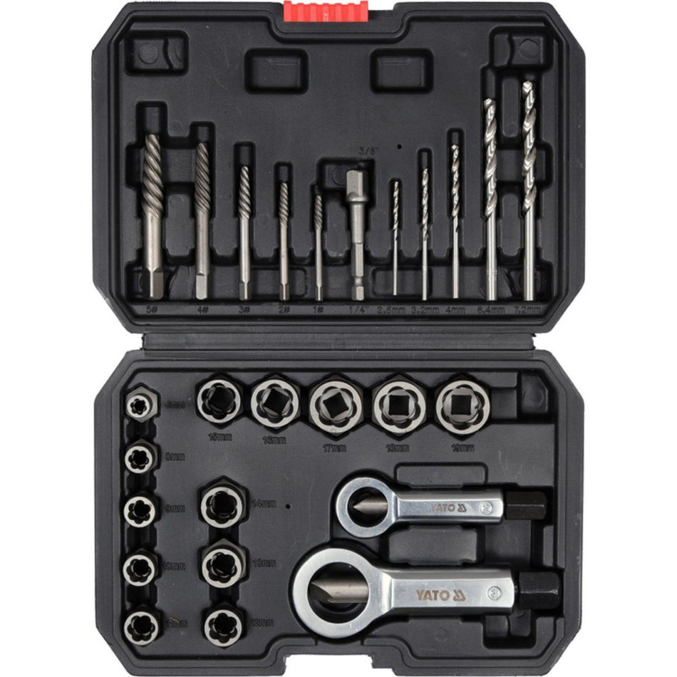 Open tool case with drill bits and wrenches on a white background