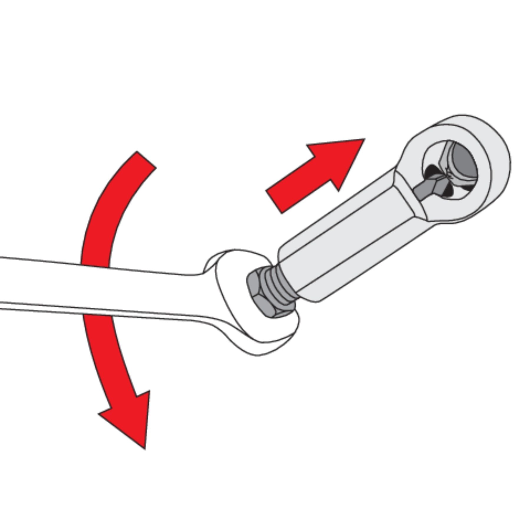 Illustration of a wrench with red arrows indicating rotation on a white background
