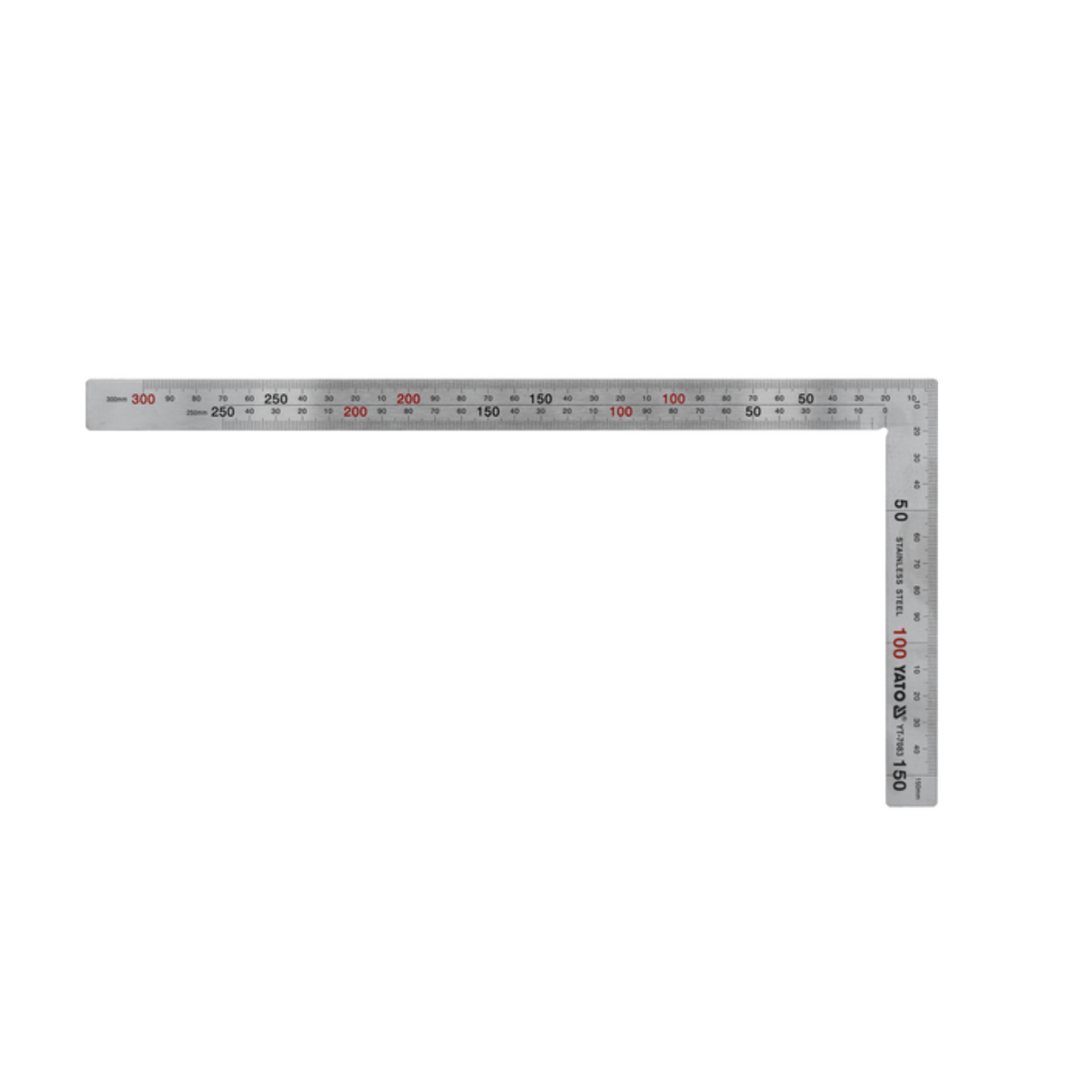 Metal square ruler with measurement markings on a white background