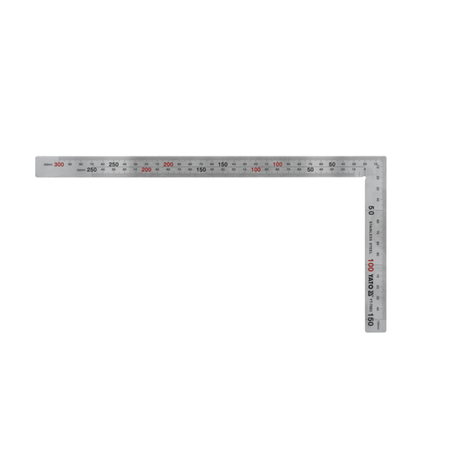 Metal square ruler with measurement markings on a white background