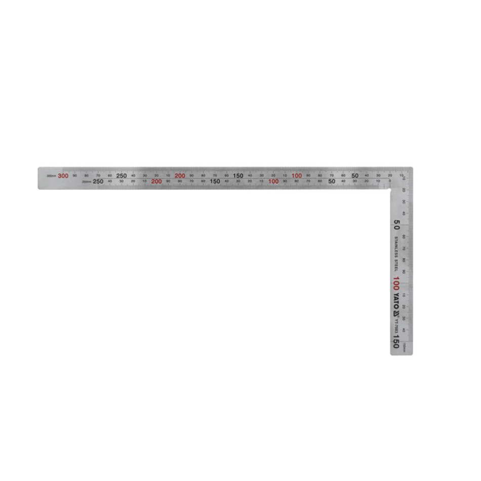 Metal square ruler with measurement markings on a white background