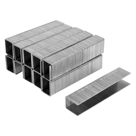 Stack of metal staples on a white background
