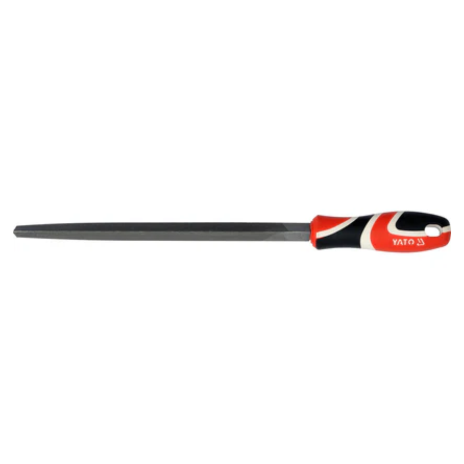 Metal file with a red and black handle on a white background