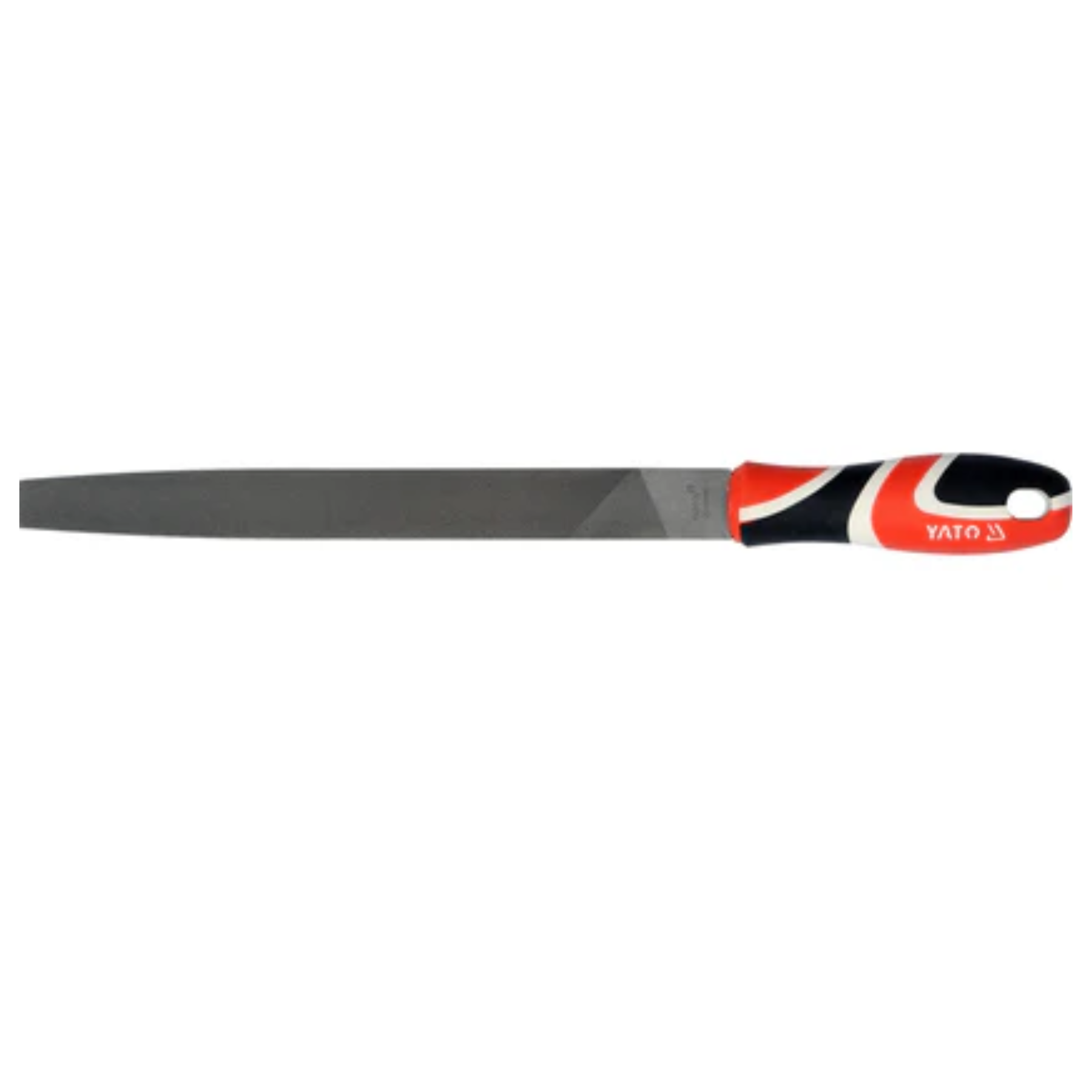 Hand saw with black blade and red and white handle on a white background