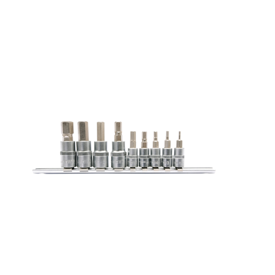 Set of socket drill bits on a white background