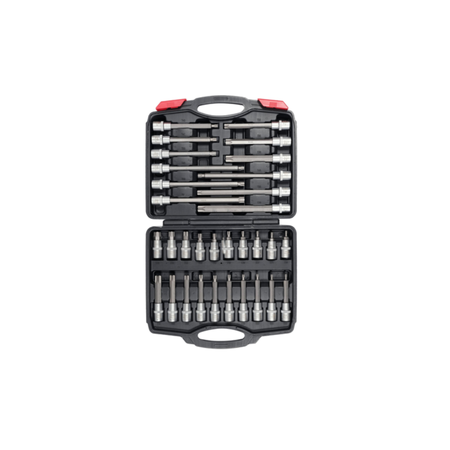 Socket set with tools in a black case on a white background