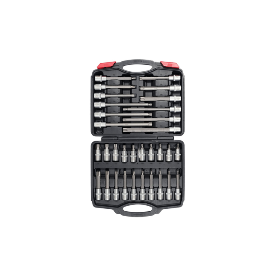 Socket set with tools in a black case on a white background