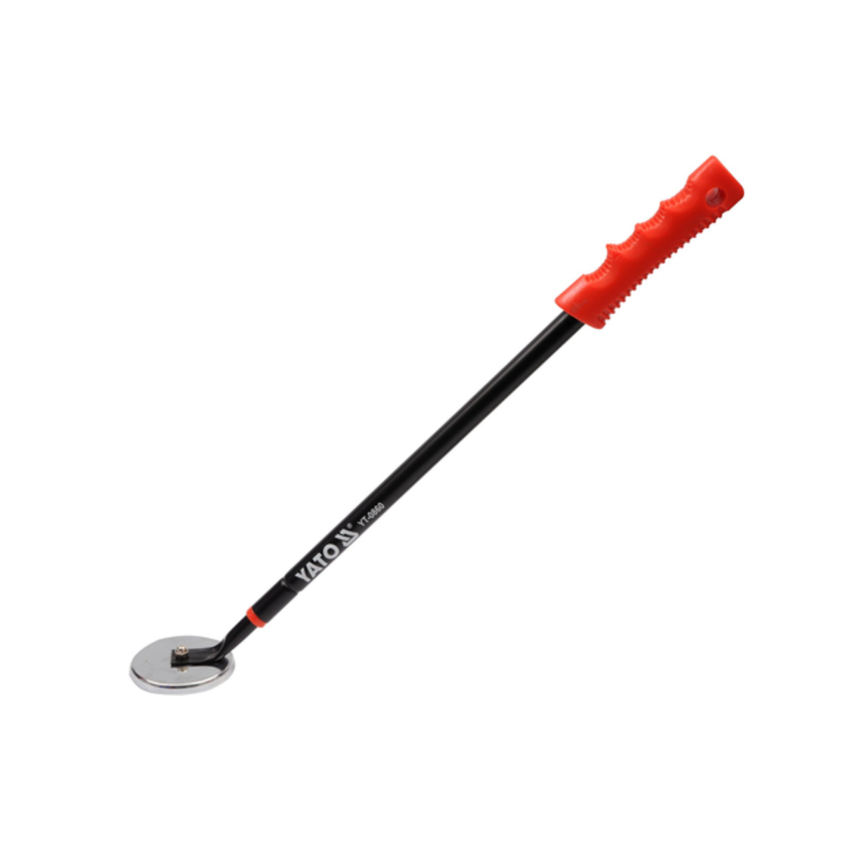 A VATO N magnetic tool with a long black shaft, a textured red handle, and a circular silver metal head, shown on a plain white background.
