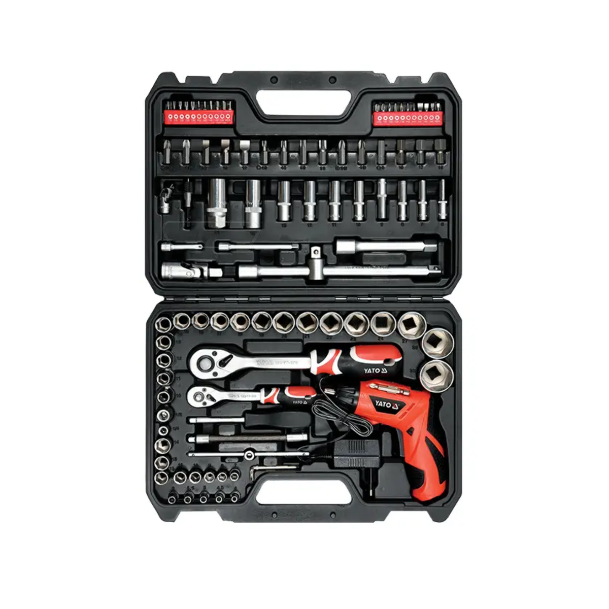 Tool set with various tools in a black case on a white background