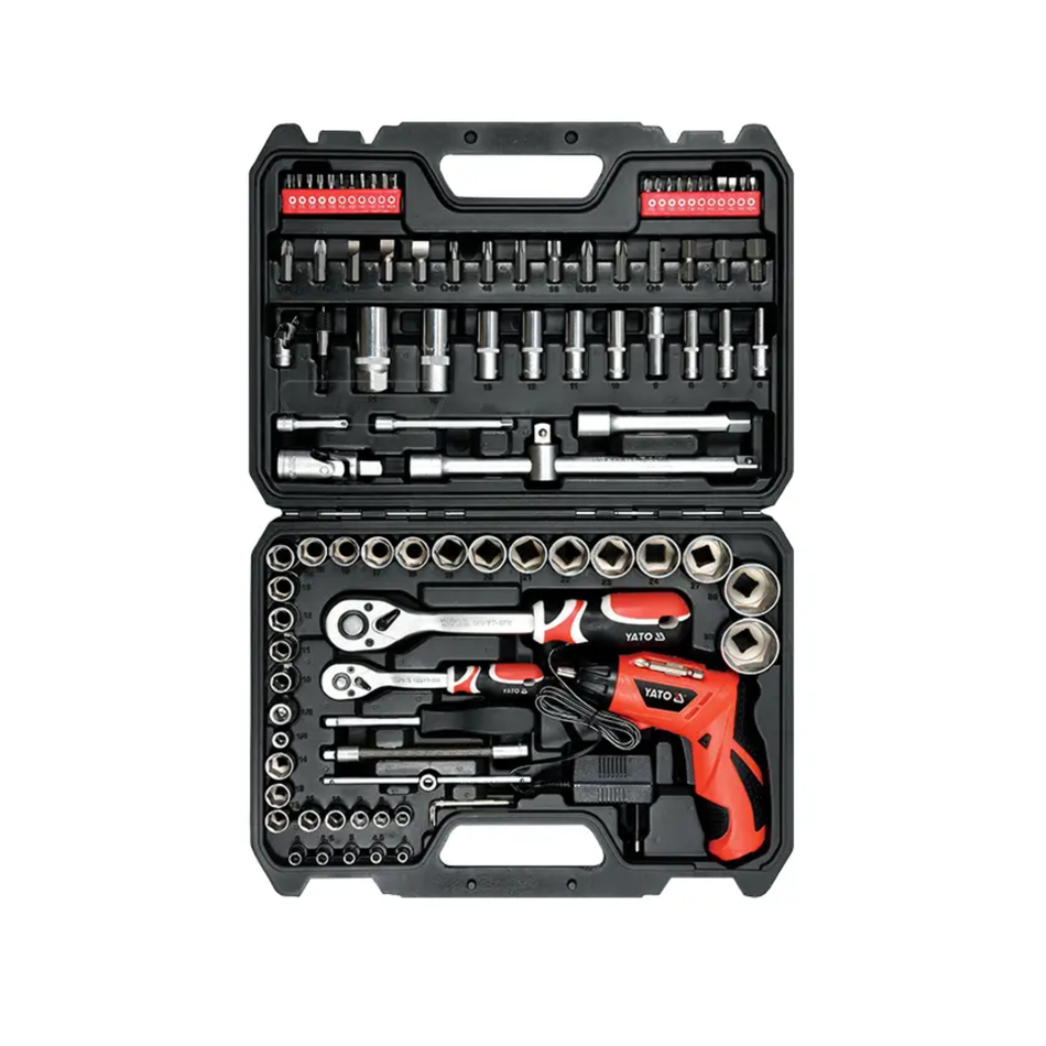 Tool set with various tools in a black case on a white background