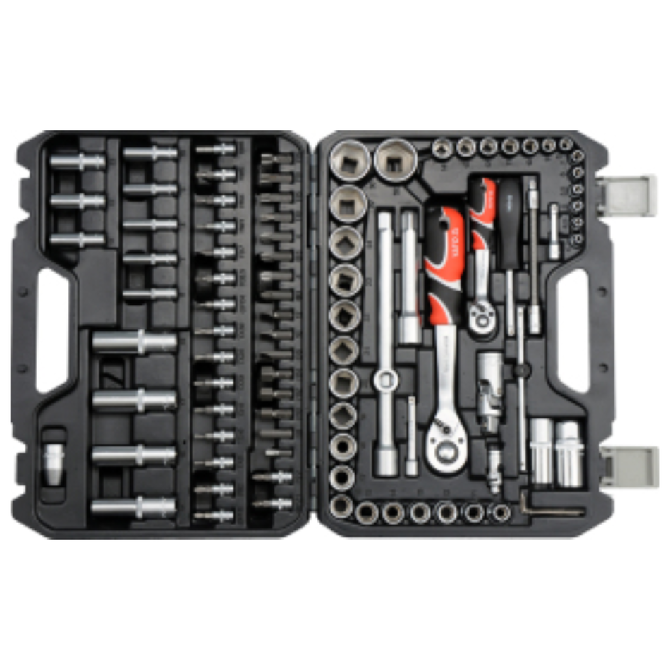 Open tool kit with various tools including sockets and wrenches on a white background