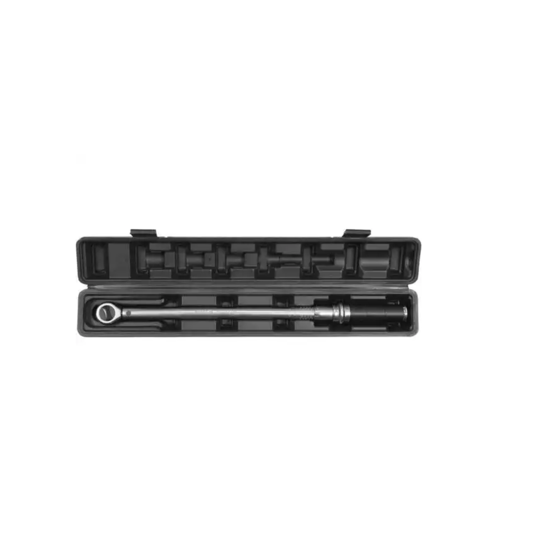 Black torque wrench in open case on a white background