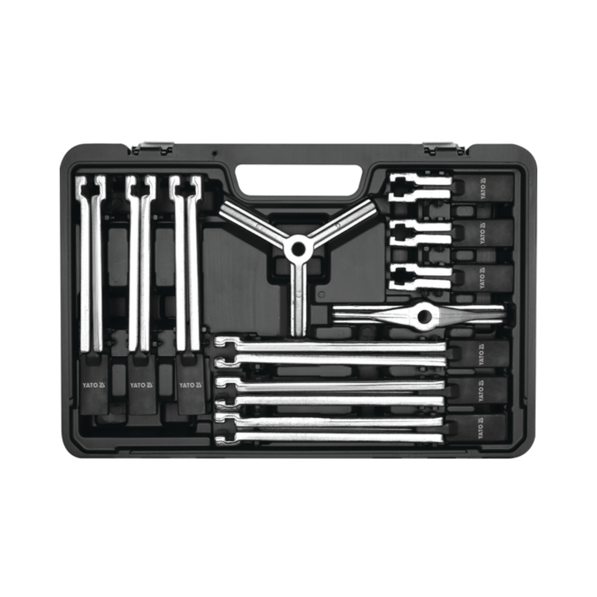 YATO Universal Puller Set 12PCS YT-25105 with forged steel puller arms, forcing screw, and storage case for bearing, gear, pulley, hub, and bushing removal in professional workshops.