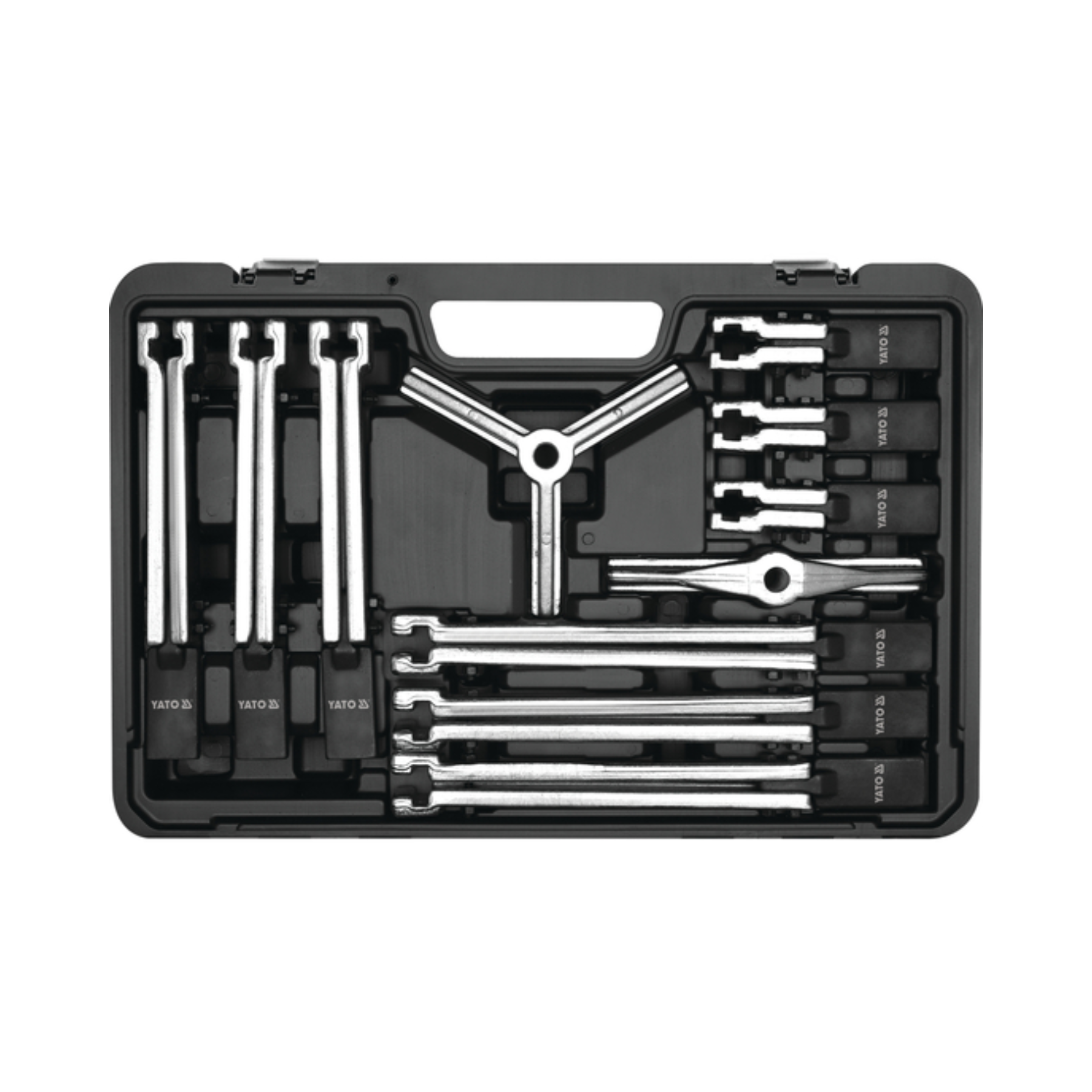 YATO Universal Puller Set 12PCS YT-25105 with forged steel puller arms, forcing screw, and storage case for bearing, gear, pulley, hub, and bushing removal in professional workshops.