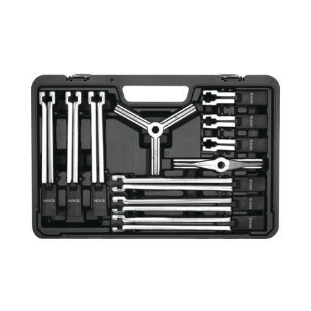 YATO Universal Puller Set 12PCS YT-25105 with forged steel puller arms, forcing screw, and storage case for bearing, gear, pulley, hub, and bushing removal in professional workshops.