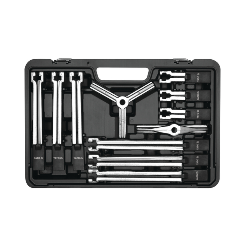 YATO Universal Puller Set 12PCS YT-25105 with forged steel puller arms, forcing screw, and storage case for bearing, gear, pulley, hub, and bushing removal in professional workshops.