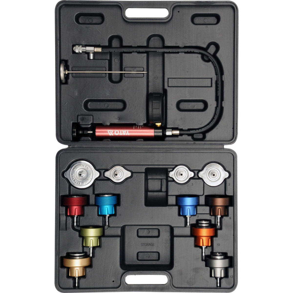 Car maintenance tool kit with various components in a black case on a white background