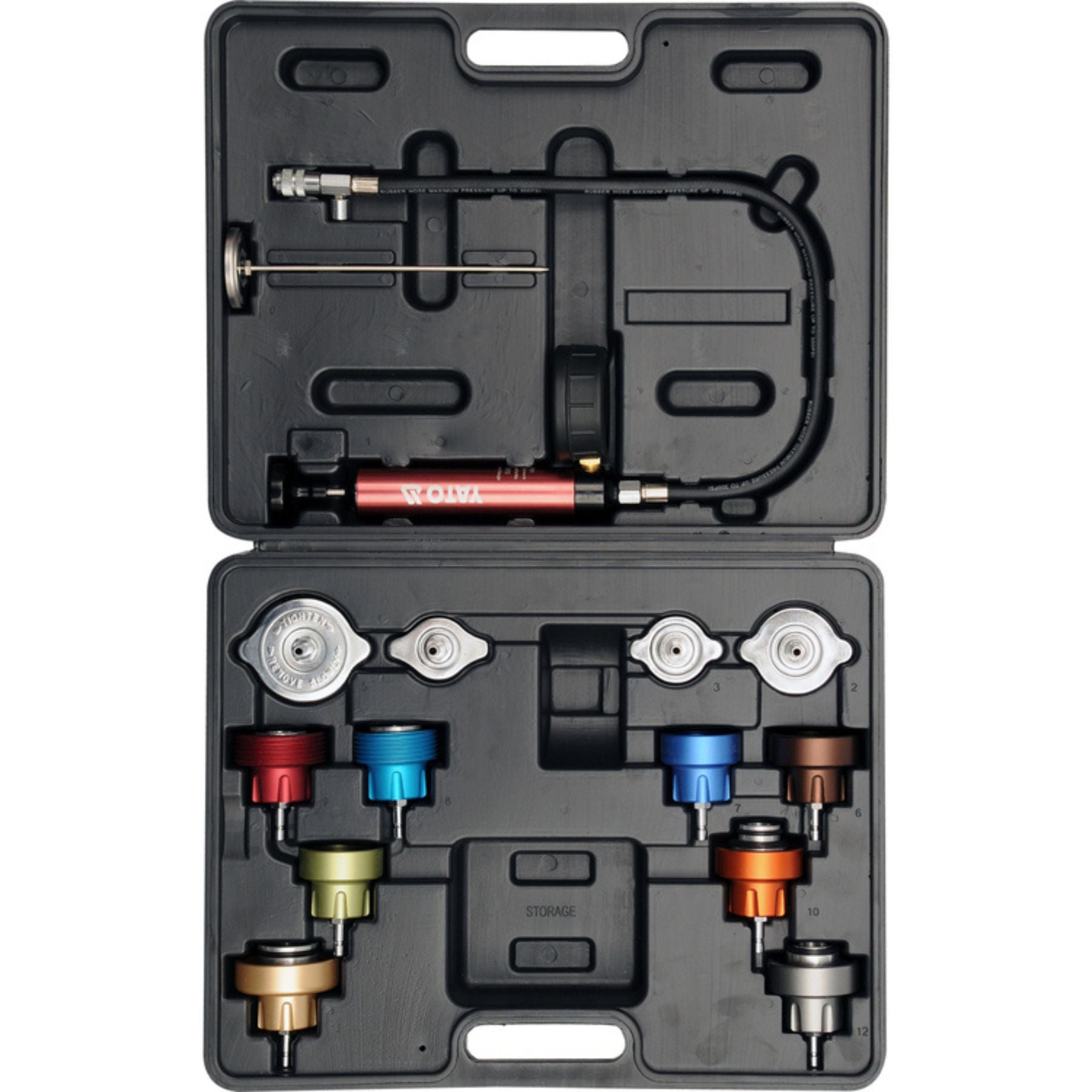 Car maintenance tool kit with various components in a black case on a white background
